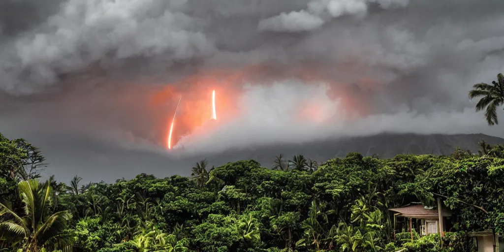 Image similar to atomic blast over a Hawaiian villa in the middle of an tropical forest, ominous Sky, gloomy atmosphere, cinematic, mist, High definition, 8k, ultra detailed