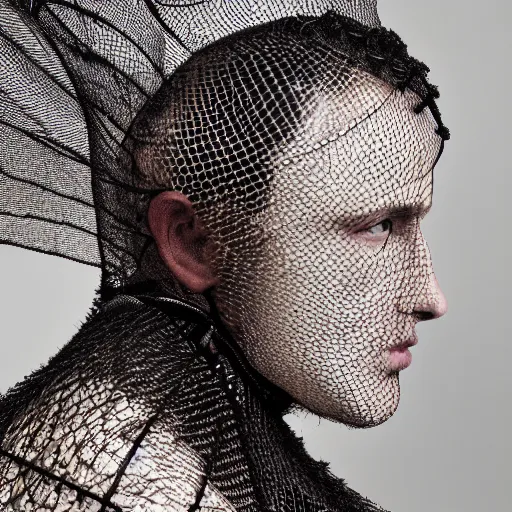 Image similar to a portrait of a beautiful young male wearing an alexander mcqueen armor made of net , photographed by andrew thomas huang, artistic