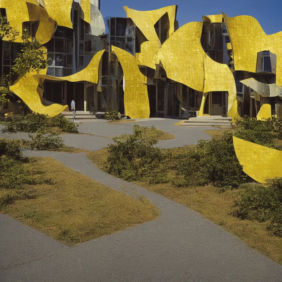 Image similar to a flat house, designed by Frank Gehry. Tiles. Gravel pathway with parking. Film grain, cinematic, yellow hue