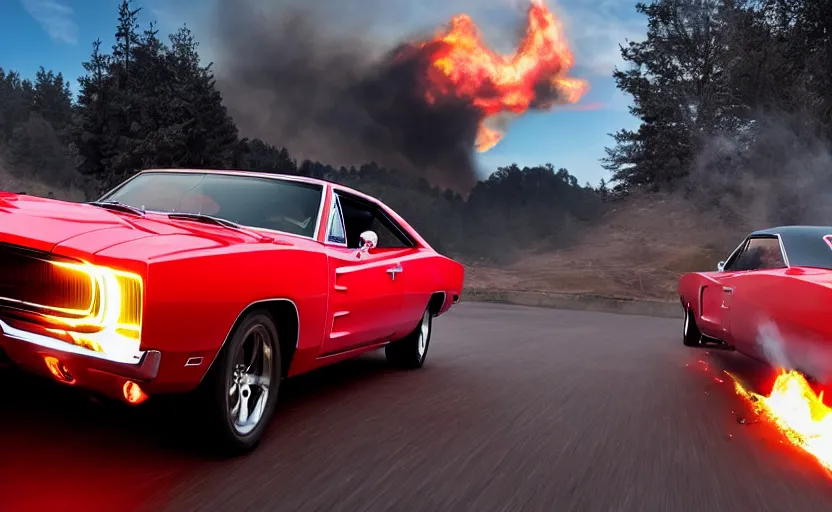 Image similar to a red 1 9 6 8 dodge charger r / tdriving high speed, fire explosion in the background, action scen. realistic. high resolution. dramatic