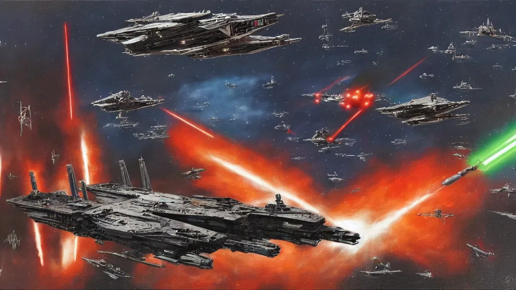 Image similar to Stockholm under attack by star wars destroyers and TIE fighters, oil painting,