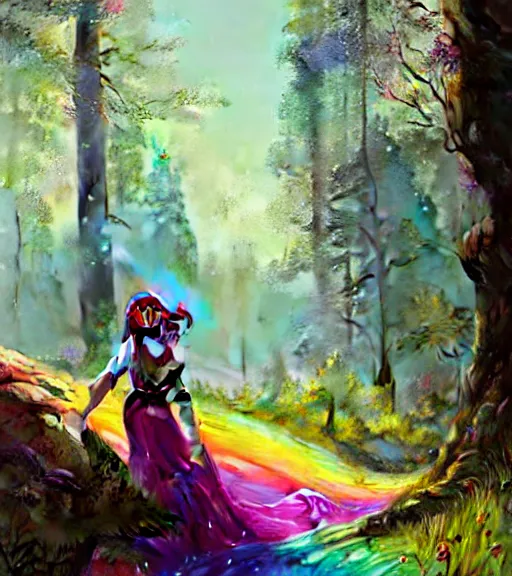 Image similar to highly detailed portrait of women wearing rainbow gown in middle of colorful forest in gta v, stephen bliss, unreal engine, fantasy art by greg rutkowski, loish, rhads, ferdinand knab, makoto shinkai and lois van baarle, ilya kuvshinov, rossdraws, tom bagshaw, global illumination, radiant light, detailed and intricate environment