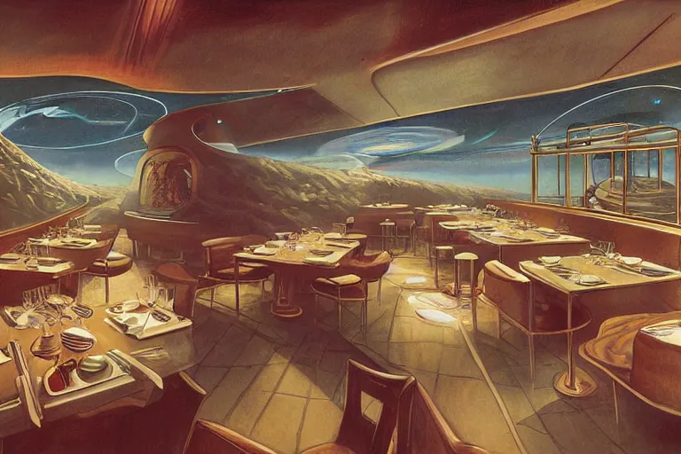 Prompt: interior view of the restaurant at the end of the universe, fine dining, by Chriss Foss