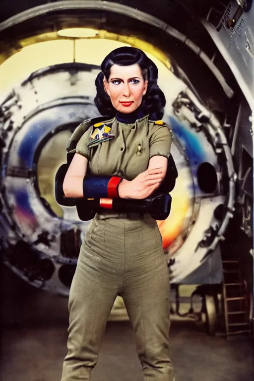 Image similar to 5 0 mm f 8 full body wide shot portrait colorized photography of a wwii bomber pilot who's a mix of cleopatra and mata hari with grey eyes and rainbow ponytail hair, expression concentrated, setting is in a starship hangar bay, by omar z. robles