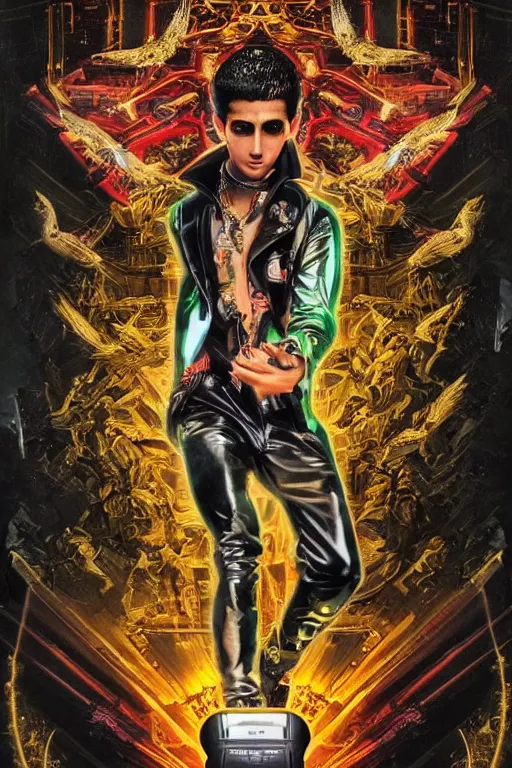Image similar to full-body bladerunner style sculpture of a young handsome Latino prince as a half cibernetic android with a chest opening exposing circuitry and electric sparks, glowing laser beam eyes, crown of giant diamonds, flowing neon-colored silk, fabric, raptors. baroque elements. full-length view. baroque element. intricate artwork by caravaggio. many many birds birds on background. Trending on artstation, octane render, cinematic lighting from the right, hyper realism, octane render, 8k, depth of field, 3D