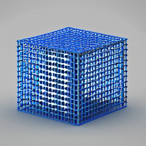 Image similar to cube made out of blue marbles and steel rods, open structure, octane render, studio photo