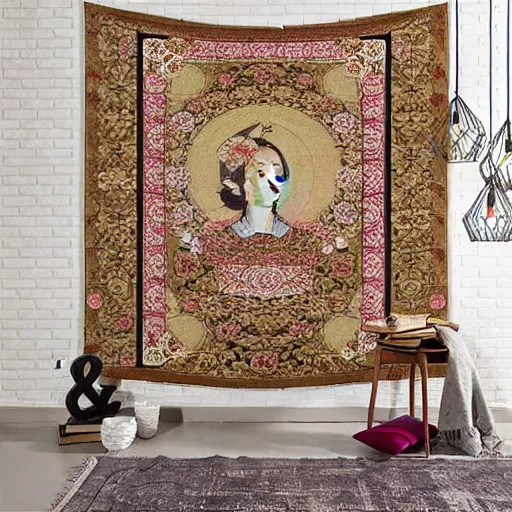 Image similar to Japanese style simple and elegant floral tapestry, Persian carpet, soft colors, by mucha