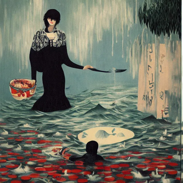 Image similar to tall emo female artist holding a large fish in her flooded kitchen, pomegranates, octopus, water gushing from ceiling, painting of flood waters inside an artist's apartment, a river flooding indoors, ikebana, zen, rapids, waterfall, black swans, canoe, berries, acrylic on canvas, surrealist, by magritte and monet