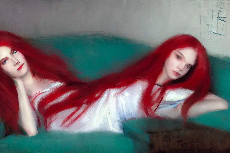 Image similar to girl, long red hair, white dress, on a red sofa, blue green colorscheme, desaturated colors, cinematic, jeremy lipking, casey baugh