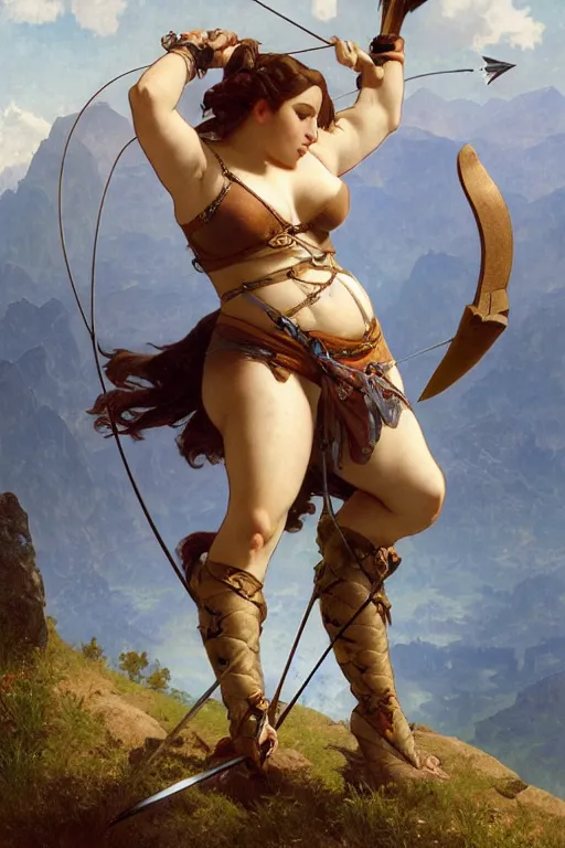 Prompt: full - body matte portrait of a voluptuous female archer in a heroic pose at the top of a mountain holding a silver greatbow, tied leather armor, art by albert bierstadt, alphonse mucha, andreas rocha, greg rutkowski, sharp edges. ultra clear detailed. 8 k. elegant. octane render