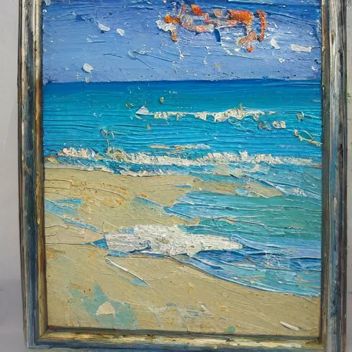 Image similar to oil paint impasto relief, beautiful italian beach scene, multi layered thick brush marks, some splattered paint, in the style of francis bacon and van gogh