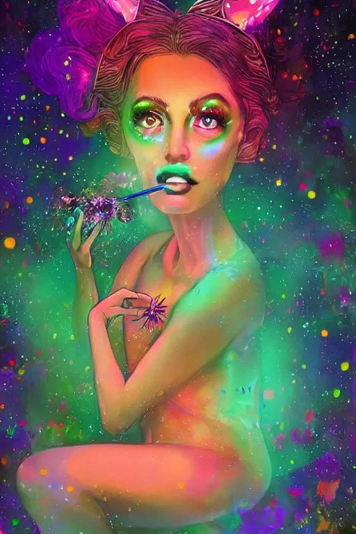 Prompt: psychedelic, digital painting, 4k, illustration, beautiful seductive woman with fox ears smoking weed, with professional makeup, long trippy hair, a crystal and flower dress, sitting on a reflective pool, surrounded by gems, underneath the stars, rainbow fireflies, trending on patreon, deviantart, twitter, artstation, volumetric lighting, heavy contrast, art style of Greg Rutkowski and Victoria gavrilenko and alphonse mucha