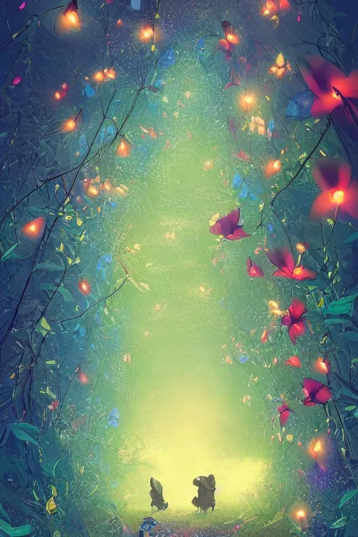 Prompt: beautiful digital matte painting of whimsical botanical illustration blue flowers fireflies enchanted dark background dark contrast by android jones alena aenami