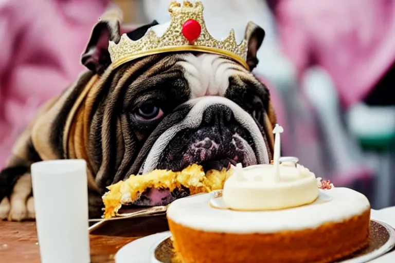 Image similar to an english bulldog wearing a crown and eating cake