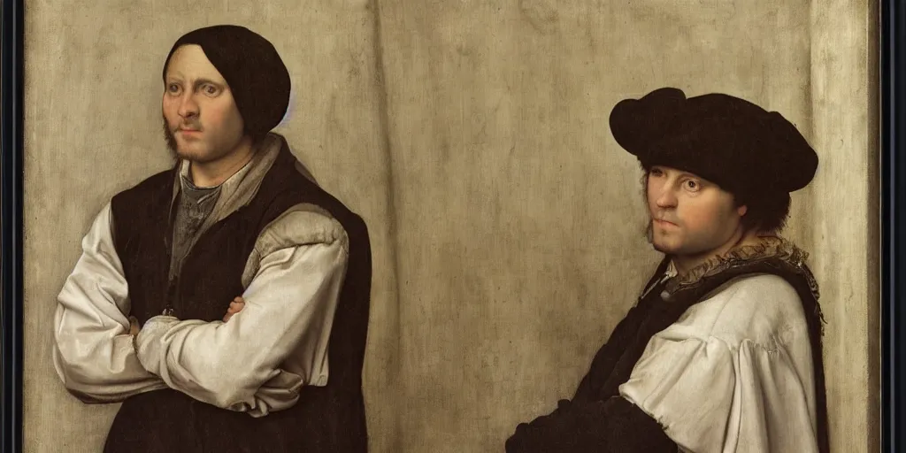 Prompt: Portrait of a young melancholic painter. Painting by Hans Holbein, August Sander H 768