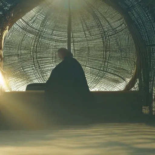 Image similar to a priest sleeping against a twisting wicker coffin, foggy, sun rays, cinematic shot, photo still from movie by denis villeneuve, wayne barlowe