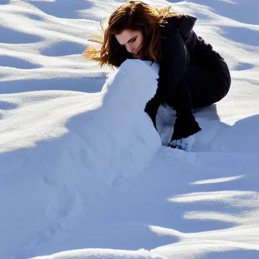 Prompt: emma watson laying in snowdrift, clutching blanky