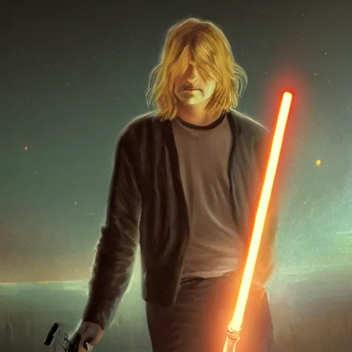 Prompt: !dream a dreamy film still of Kurt Cobain Holding a Lightsaber, Moebius, Greg Rutkowski, Zabrocki, Karlkka, Jayison Devadas, Phuoc Quan, trending on Artstation, 8K, ultra wide angle, zenith view, cyberpunk pincushion lens effect