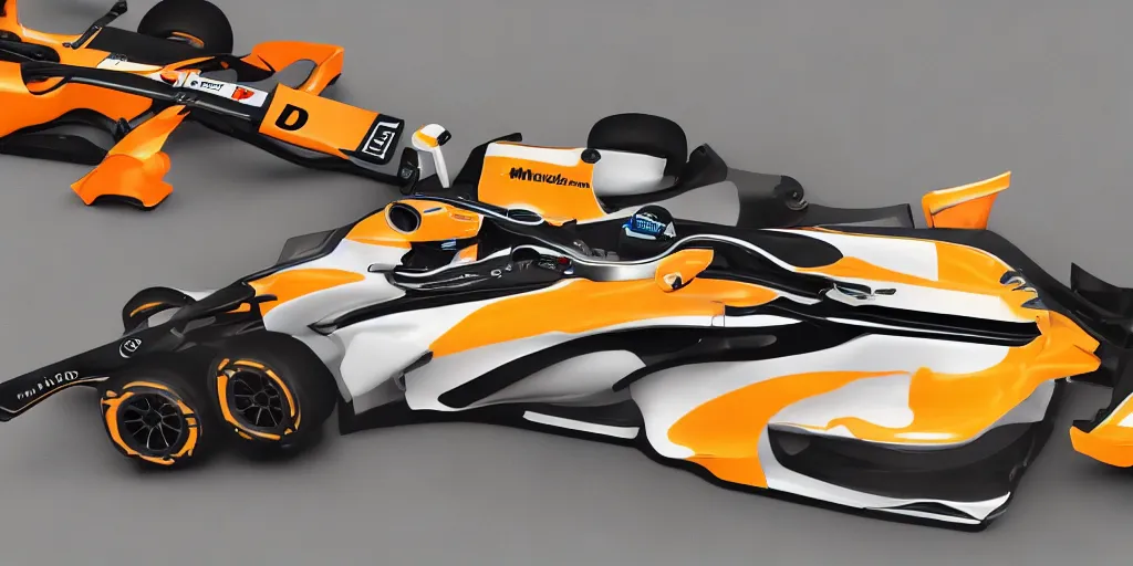 Image similar to hybrid design between McLaren MCL34 F1 car and Ford Mustang. No background, concept art style.