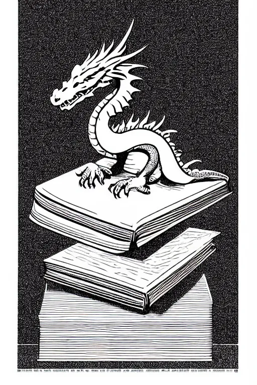 Prompt: hyper realistic dragon perched on a stack of books, white background, full frame, art by james o barr and albrecht durer, surreal woodblock print, black and white, vector, vector art