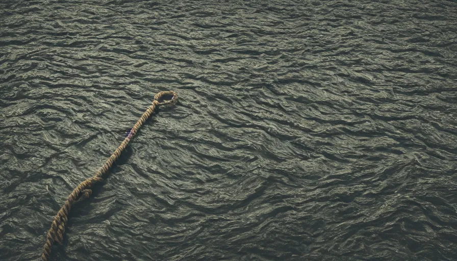 Image similar to photo of a rope on the surface of water, in the middle of a lake, overcast day, rocky foreground, 2 4 mm leica anamorphic lens, moody scene, stunning composition, hyper detailed, color kodak film stock