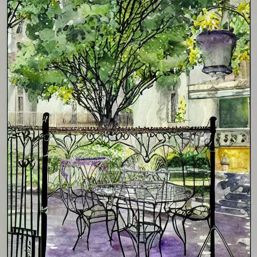 Image similar to delicate, chairs, garden, paved, botanic watercolors, iridescent, 8 k, realistic shaded, fine details, artstation, italian, iron gate, tree, mediterranean, neon flowers