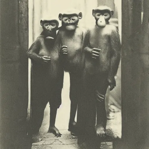 Image similar to portrait of people wearing monkey masks, photograph, style of atget, 1 9 1 0, creepy, dark