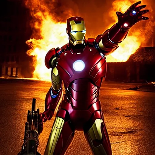 Image similar to < photo hd stunning reimagined mood = gritty gaze = camera > iron man poses with a flamethrower as a city burns in the background < / photo >