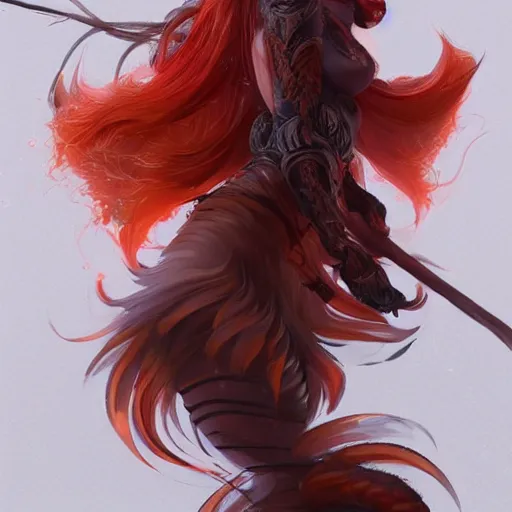 Image similar to A full-length portrait of a beautiful fire fox with nine tails，full of details, concept art, smooth, by Kittichai Rueangchaichan and wlop ，trending on cgsociety and artstation，8kHDR，light effect