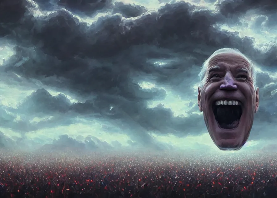 Prompt: large abstract painting of giant grinning evil dynamic low-opacity Joe Biden head emerging from cosmic clouds at giant immense crowd of person army, trending on ArtStation, masterpiece, by Greg Rutkowski, by Ross Tran, by Fenghua Zhong, octane, lightbeam eyes, soft render, clear facial features, oil on canvas,, moody lighting, lights beaming out of eyes, cinematic, professional environment concept art