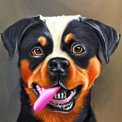 Image similar to a painting of a rottweiler with a pink hair bow, tongue sticking out