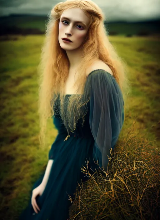 Image similar to kodak portra 1 0 0 photo medium portrait of a pre - raphaelite blond beautiful woman, dress in dark tulle, dreamy mood, fine art photography in style of nicholas fols, 1 5 0 mm, emotionally evoking, head in focus, stormy clouds outdoor, matt mute colour background, volumetric lighting, hyper realistic, ultra detailed