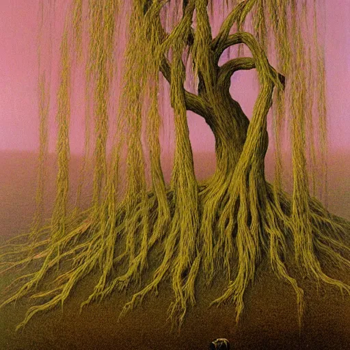 Image similar to willow tree by Zdzisław Beksiński, oil on canvas