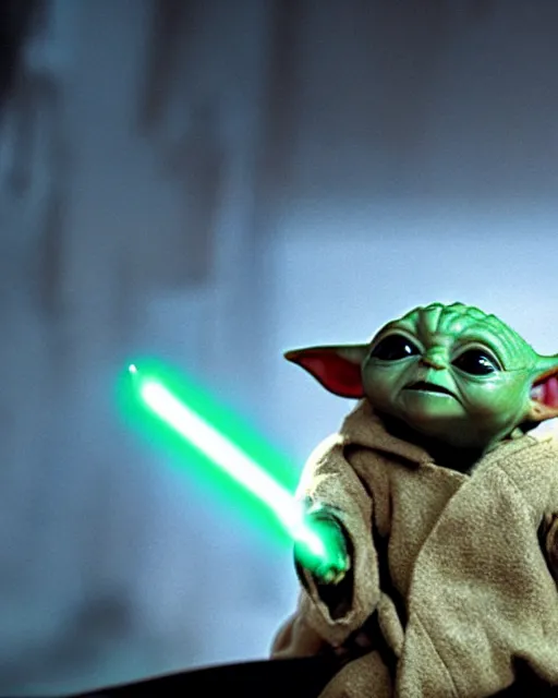 Image similar to baby yoda holding a tiny glowing lightsaber, rides an armored corgi dog, hyperreal, sand people, star wars filmed in the style of cinematographer gilbert taylor