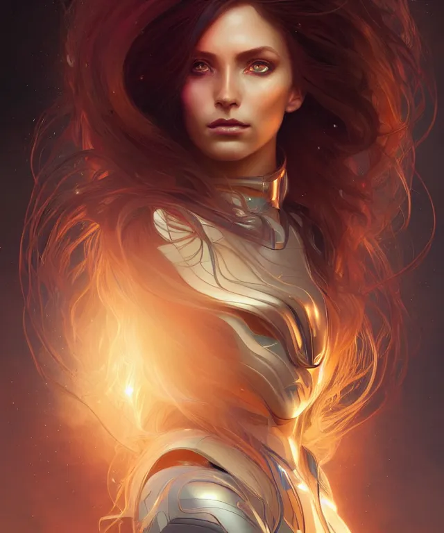 Image similar to futuristic woman portrait, sci-fi, amber eyes, face, long hair, fantasy, intricate, elegant, highly detailed, digital painting, artstation, concept art, smooth, sharp focus, illustration, art by artgerm and greg rutkowski and alphonse mucha