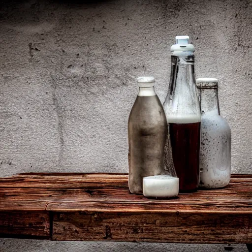 Image similar to bottle of milk, over a rusted metal table inside slaughterhouse