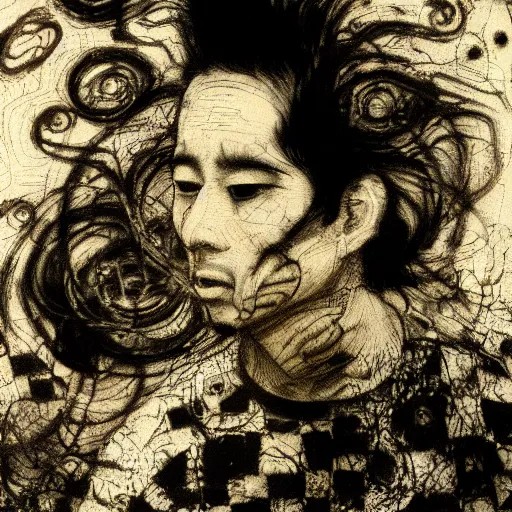 Image similar to Yoshitaka Amano blurred and dreamy illustration of a man with black short hair fluttering in the wind and cracks on his face, abstract black and white patterns on the background, noisy film grain effect, highly detailed, Renaissance oil painting, weird portrait angle