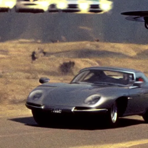 Image similar to car chased by anothrr car which is flying in the sky, movie still of James bond