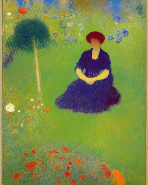 Prompt: flowers, garden at home, small fence, woman sitting on the grass, woman, clear weather, green grass, white clouds, clouds, trees around, flowers around, saturated colors, 1910 Odilon Redon.