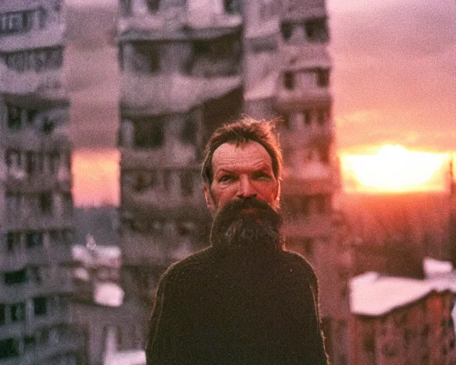 Image similar to lomographic tarkovsky film still of 4 0 years russian man with beard and sweater standing on small hrushevka 9 th floor balcony in taiga looking at sunset, perfect faces, cinestill, bokeh