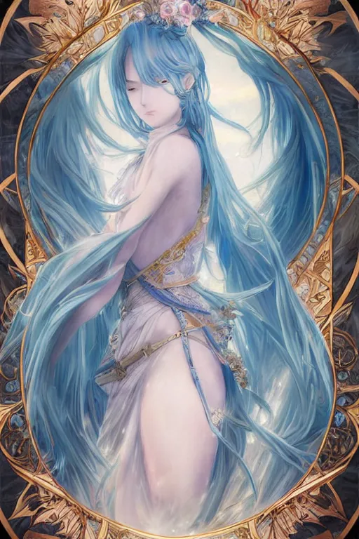 Prompt: breathtaking detailed anime painting of a knight queen with long flowing blue hair, pastel flower petals flying, art by pilyeon, yuumei art, symmetrical facial features, at dawn in front of a pristine golden art nouveau cathedral, elegant, volumetric lighting, highly detailed, artstation, concept art, matte, sharp focus,