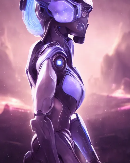 Image similar to perfect android girl on a mothership, warframe armor, beautiful face, scifi, futuristic, galaxy, nebula, raytracing, dreamy, long white hair, blue cyborg eyes, sharp focus, cinematic lighting, highly detailed, artstation, divine, by gauthier leblanc, kazuya takahashi, huifeng huang