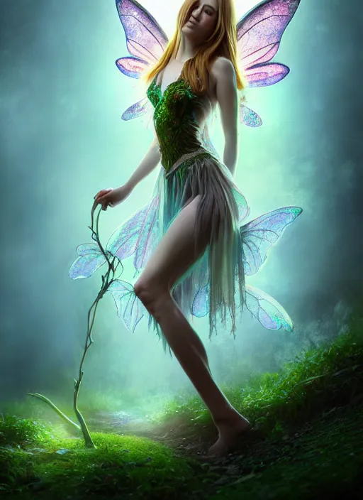 Image similar to beautiful full body portrait fairy faerie fey fae queen forest spirit highly detailed CGsociety subtle enchanting alluring magical concept art HDR hyper realistic volumetric lighting subsurface scattering unreal