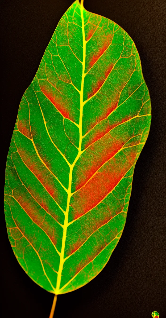 Prompt: realistic photo of a one big multi colored glowing leaf in dark textured background, full leaf is visible, very sharp focus, in the style of greg rutswoski, very hyper realistic, highly detailed, fantasy art station