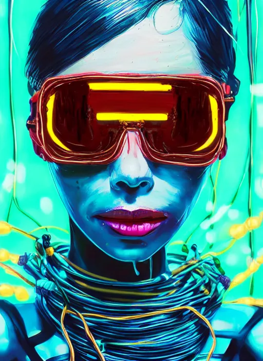 Prompt: extreme long shot, kodachrome, oil painting, melting face, cyberpunk 2 0 y. o model girl, wrapped in wires and piones, clear blue sky vintage style, looking straight ahead, in the style of yayoi kusama, technicolour, lineart, higly detailed, artstation