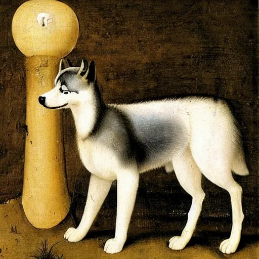 Prompt: a cute husky painted by hieronymus bosch