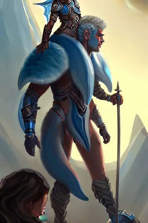 Image similar to a small blue-skinned triton girl wearing scale armor riding on a the shoulders of a large male goliath wearing fur and leather armor, dnd concept art, painting by ross tran and Tyler Jacobson