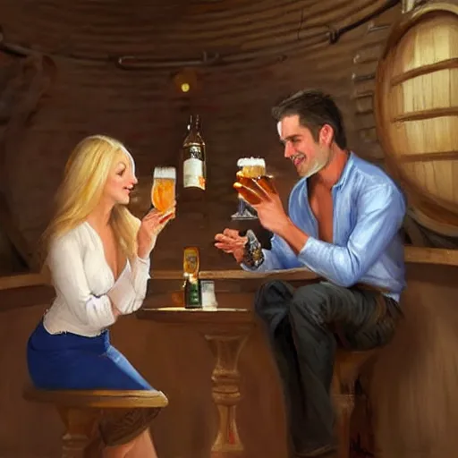 Prompt: blonde woman and Jango Fett drinking beer in a wine cellar, atmospheric, aphrodisiac, romantic, cozy, inviting, love, painting by Vladimir Volegov