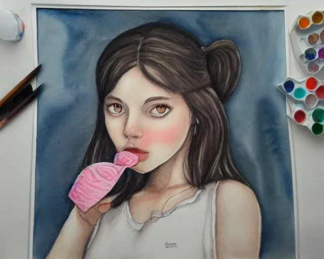 Image similar to a girl with the ice cream watercolor colored pencil painting trending on artstation