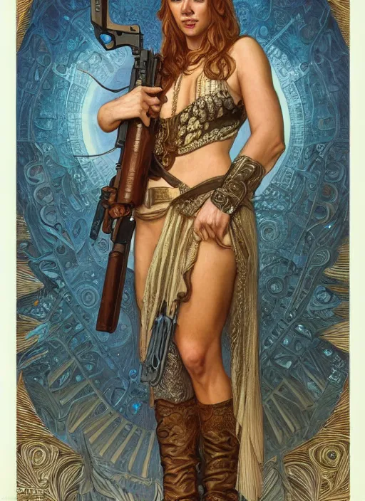 Prompt: Adrianne Palicki as a beautiful young woman holding a pistol, fantasy, intricate, elegant, highly detailed, centered, digital painting, artstation, concept art, smooth, sharp focus, illustration, art by artgerm and donato giancola and alphonse mucha